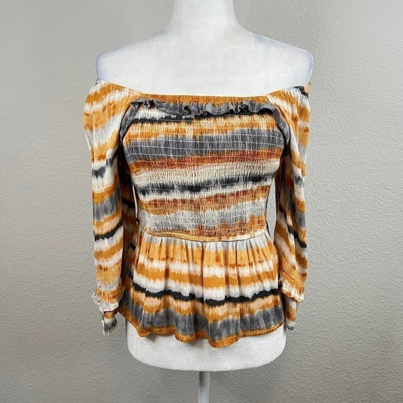 Savanna Jane Smocked Bell Sleeve Boho Top Women's M Yellow Serape Print Ruffle - Picture 3 of 8